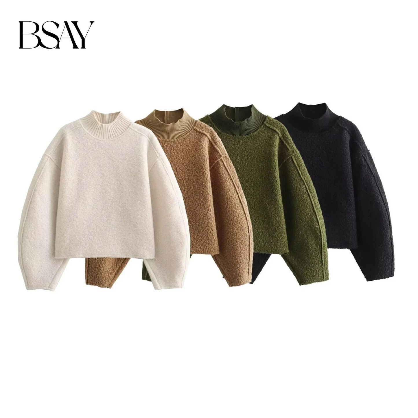 BSAY Women Fashion Autumn Winter 2024 New Loose Solid Color Long Sleeved Stand Collar Pullover Top Chic Female Sweatshirt