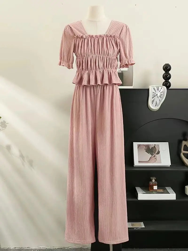 Summer 2025 New Folded Square Collar Bubble Sleeve Shirt High Waist Loose Casual Wide Leg Pants Two Piece Set Women's Fashion