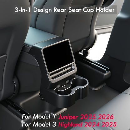 3-In-1 Design Rear Seat Cup Holder Organizer For Tesla Model Y Juniper 2025+ & Model 3 Highland 2024+ Retractable and Foldable