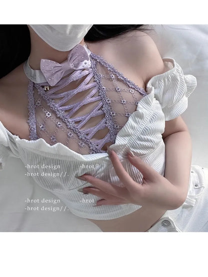 YUQI Minimizer Bra Large Cups DD+ | Sweetheart Bow Diamond Pattern Halter Top Slimming Thin Underwear Set  Womens Lingerie Set