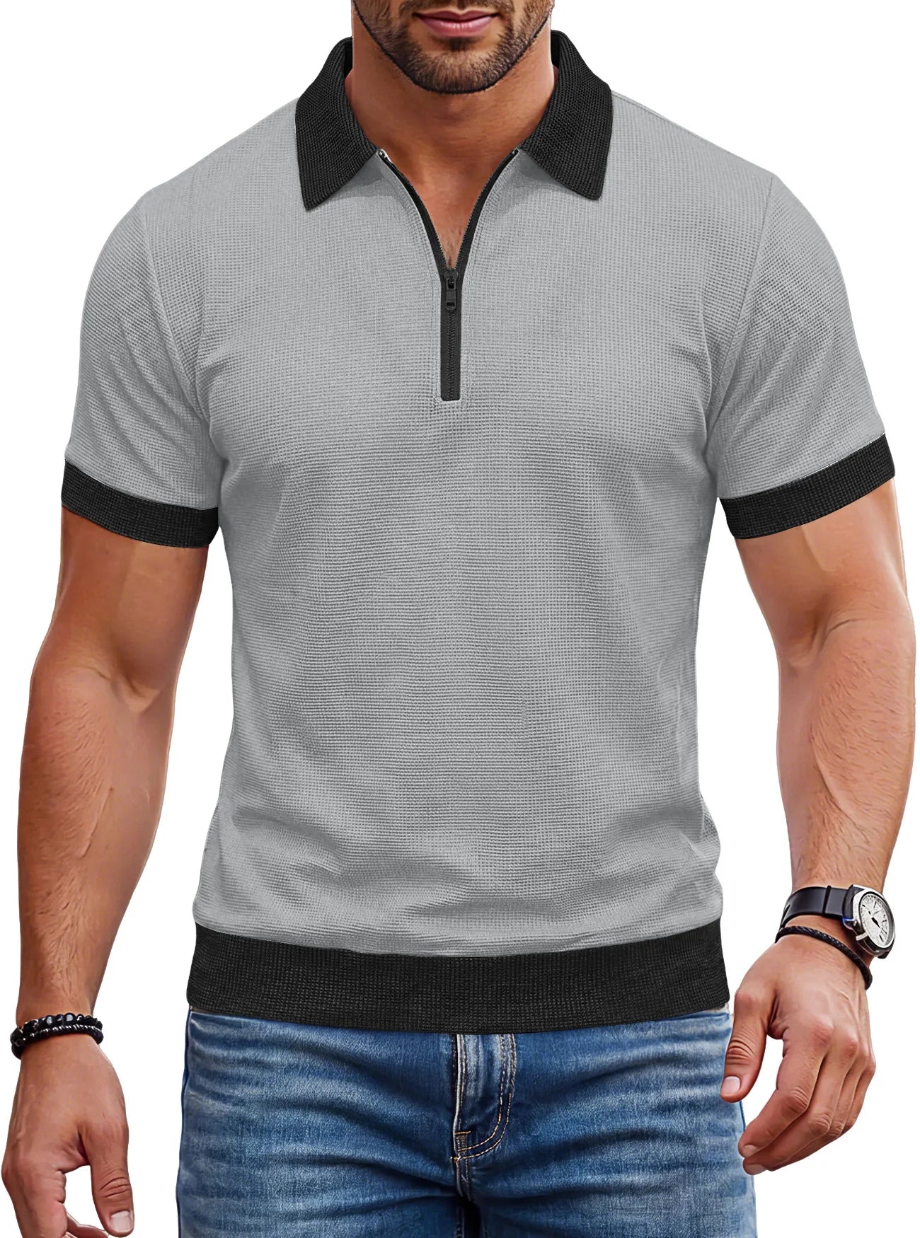Men's Zip Polo Shirt Short Sleeve Contrast Trim Textured Casual Top 2026