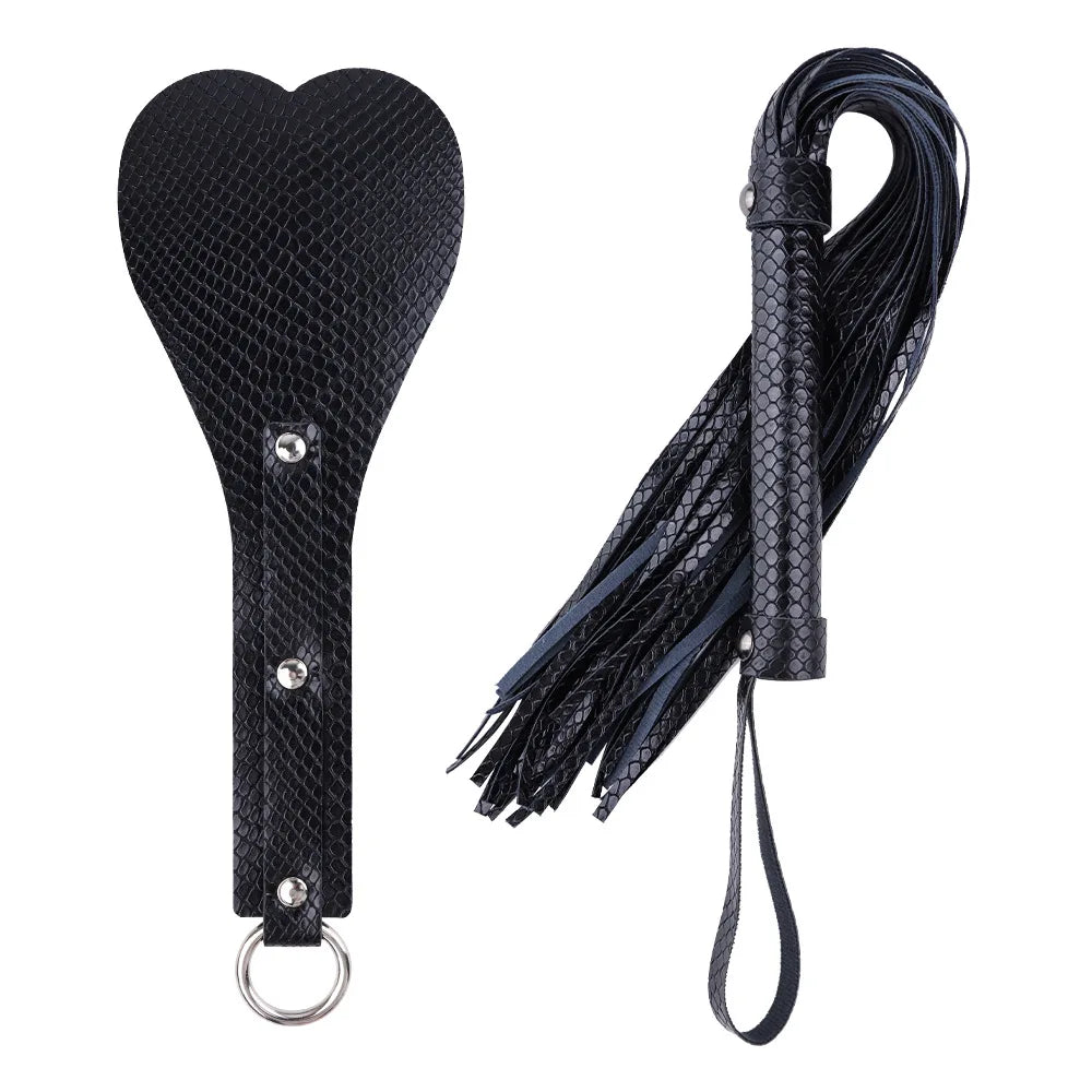 BDSM Bondage Kit for Couples, Heart Shaped Spanking Paddle & Tassel Whip 2 Piece PU Leather Set, Beginner SM Adult Sex Toys for