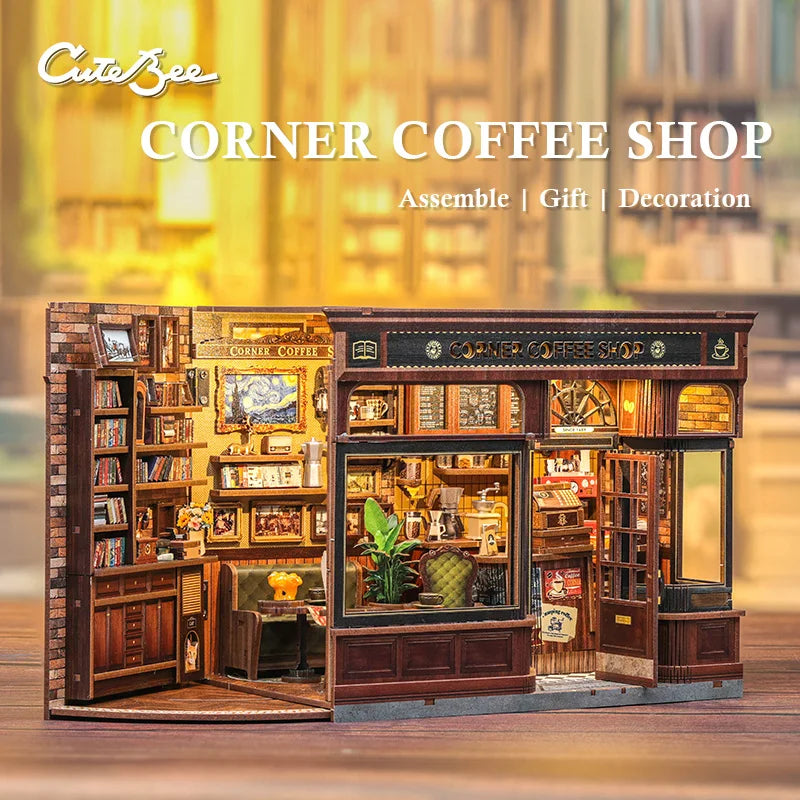 CUTEBEE Book Nook Kit 3D DIY Dollhouse with LED Light Bookshelf Insert Street Shop Series Miniature Model For Home Party Decor