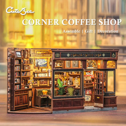 CUTEBEE Book Nook Kit 3D DIY Dollhouse with LED Light Bookshelf Insert Street Shop Series Miniature Model For Home Party Decor