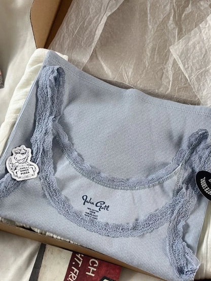 Vintage Lace Trim Blue Ribbed Camis Women New Casual Streetwear Slim Sexy Cotton Sleeveless Vests Sweet Cute Chic Tank Tops Y2K