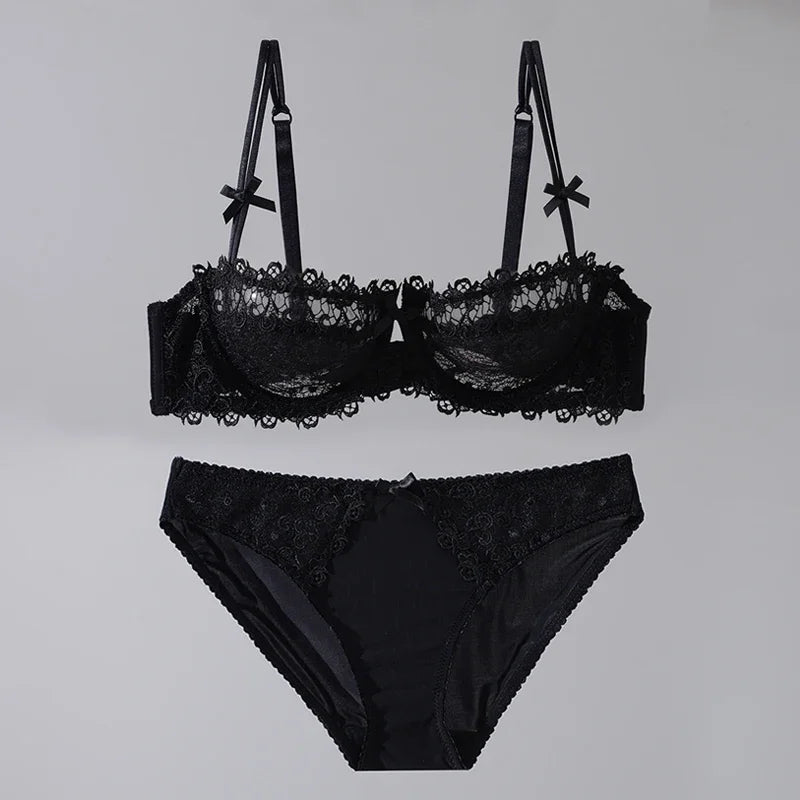 BANERDANNI French Luxury Lace Lingerie Set Womens Push Up Half Cup Bra Plus Size Big Cup Breathable Ultra-Thin Comfort Underwear