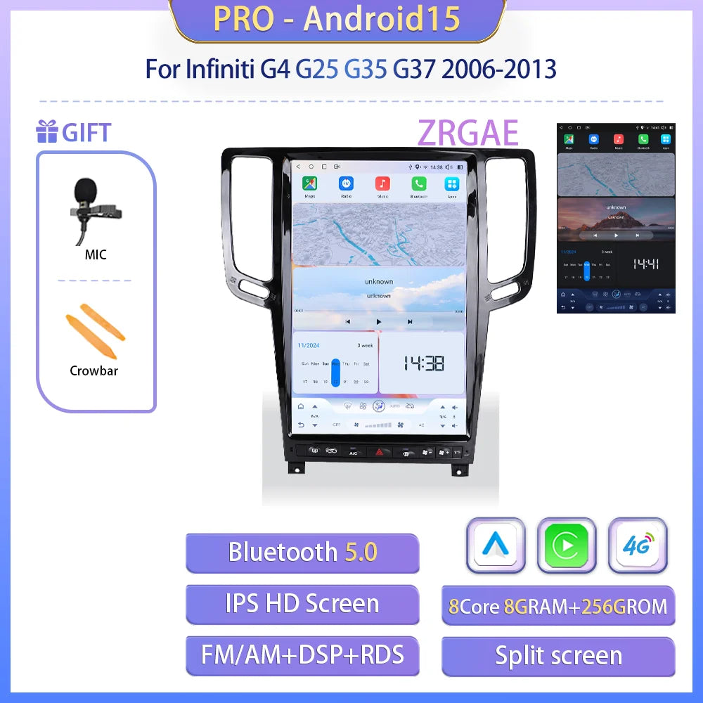 14.5” Android15 For Infiniti G4 G25 G35 G37 2006-2013 Tesla Style GPS Navigation Car Multimedia Video Player Carplay Auto BT 4G