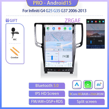 14.5” Android15 For Infiniti G4 G25 G35 G37 2006-2013 Tesla Style GPS Navigation Car Multimedia Video Player Carplay Auto BT 4G