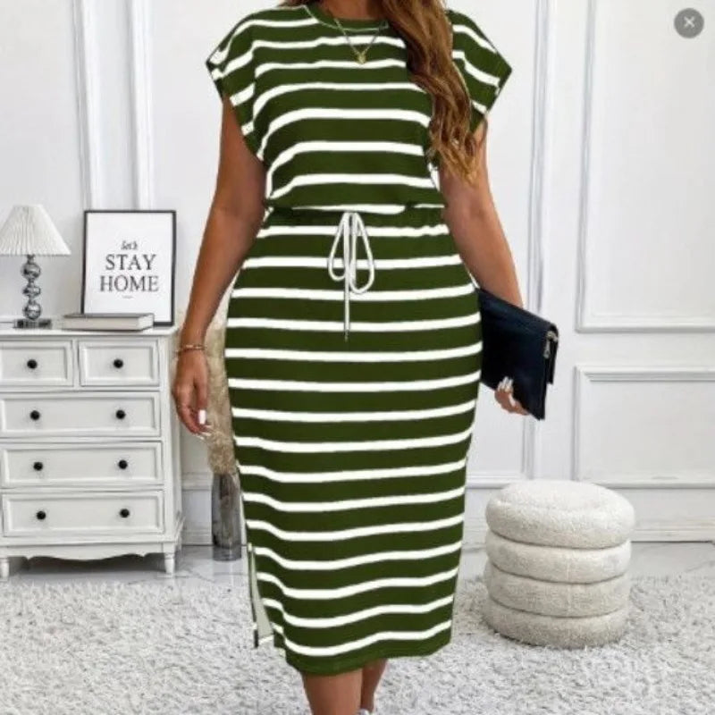 Summer Large Size Women's Clothing Casual Striped Short-sleeved Round Neck Waist Dress New Temperament Thin Plus Size Dresses