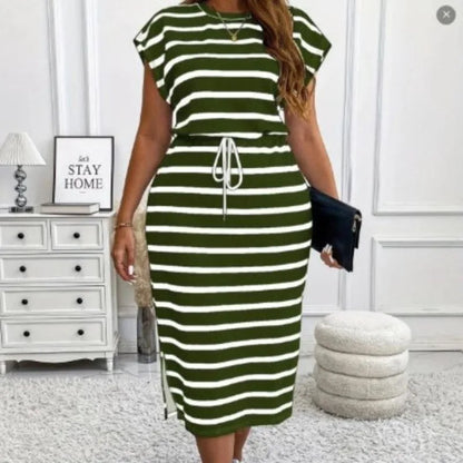 Summer Large Size Women's Clothing Casual Striped Short-sleeved Round Neck Waist Dress New Temperament Thin Plus Size Dresses