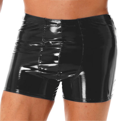 Men Latex PVC Shiny Leather Solid Shorts Pole Dance Costume Bulge Pouch Boxer Briefs Underpants Underwear Short Pants Clubwear