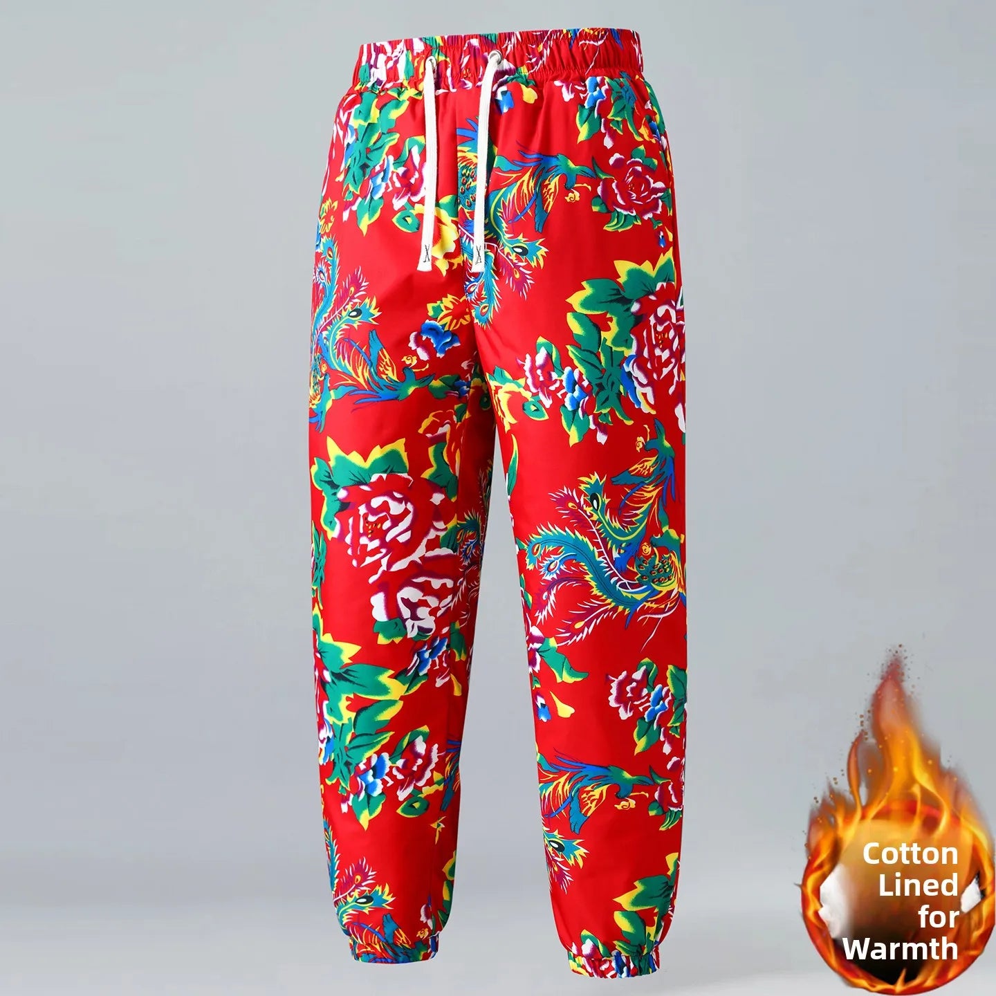 Thiened Cotton Pants for Men Winter Floral Print Warm Casual Straight Leg Long Trousers Trendy Youth Sle Floral Pattern