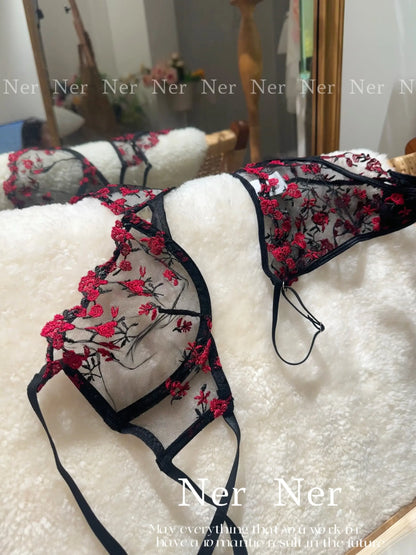 Sweet Sexy Lace Lingerie Set, Floral Embroidery Sheer Mesh, Thin Cooling, Big Bust Relief, Japanese Daily Women Underwear 32-38