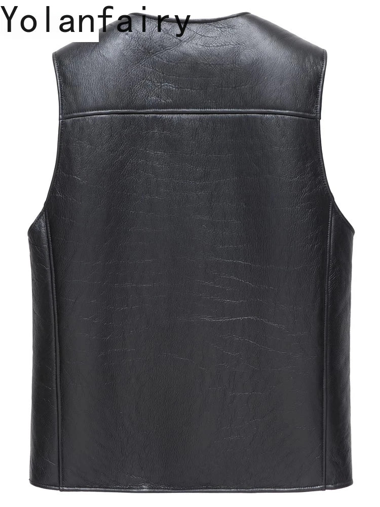 YOLANFAIRY Natural Sheepskin Leather Jacket Man Winter 2025 Sleeveless Real Wool Fur Coat Men's Short Black Vest Warm Waistcoat
