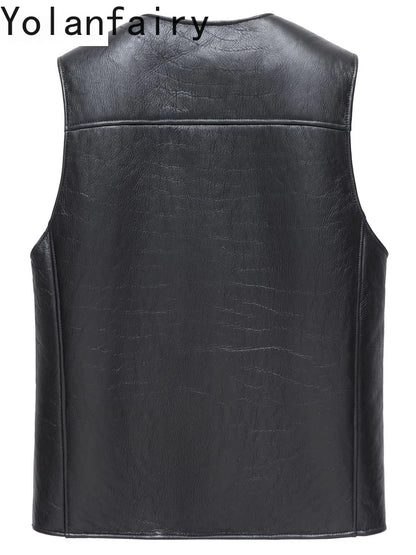 YOLANFAIRY Natural Sheepskin Leather Jacket Man Winter 2025 Sleeveless Real Wool Fur Coat Men's Short Black Vest Warm Waistcoat