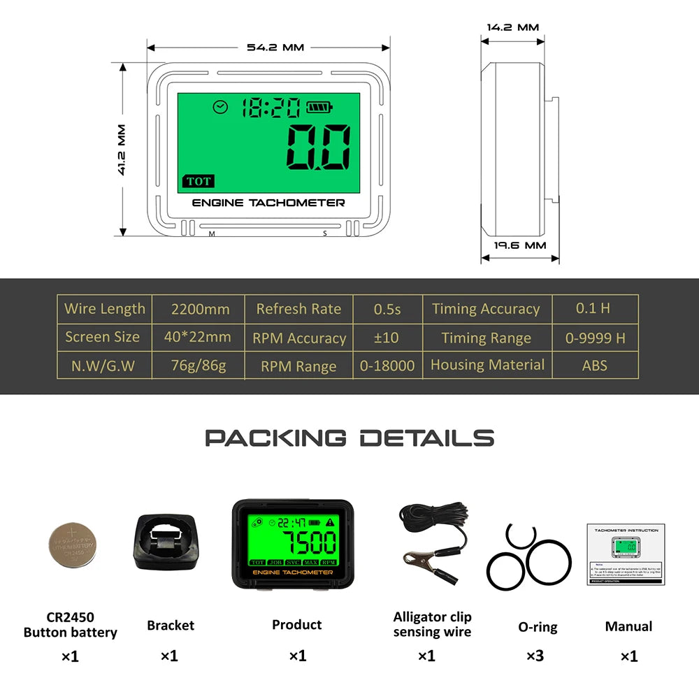 Moto Inductive Digital Tachometer SVC TOT JOB Engine Hour Meter Gauge Backlight Resettable RPM for Motorcycle Lawn Mower