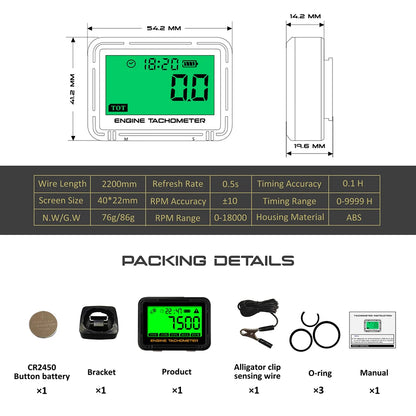 Moto Inductive Digital Tachometer SVC TOT JOB Engine Hour Meter Gauge Backlight Resettable RPM for Motorcycle Lawn Mower