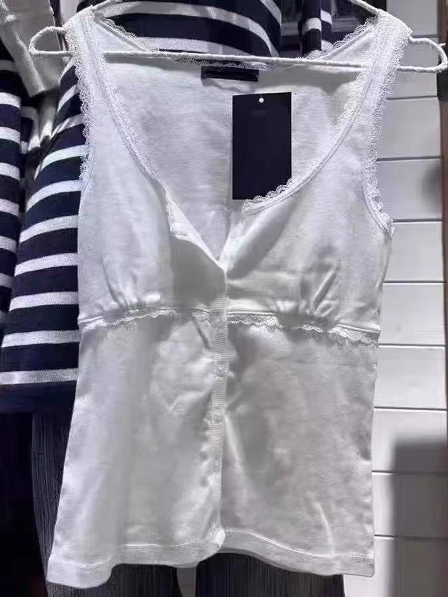 Lace Trim Buttons Solid Tank Top Women U Collar Sleeveless Cotton Slim Camis Sweet Chic Casual Preppy Style Vest Crop Tops Y2k