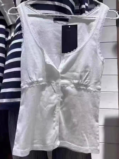 Lace Trim Buttons Solid Tank Top Women U Collar Sleeveless Cotton Slim Camis Sweet Chic Casual Preppy Style Vest Crop Tops Y2k