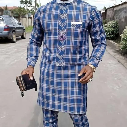 LIBIELIY Four Seasons Hot Selling Men's 2 Piece Sets Afirican Syle Ethinic Casual Blue Plaid Clothes And Pants Button Muslim Men