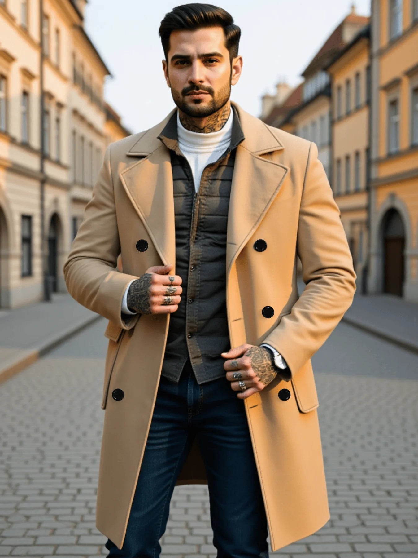 Men's Double-Breasted Wool Overcoat Thickened Winter Trench Coat Windproof  Warm European American Fashion Trend