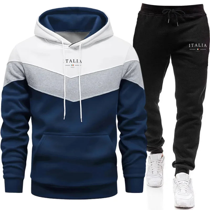 Italy Fashion Men Casual Sportswear Set Hooded Sweatshirt Winter Jogger Tracksuit Autumn Urban Fashion Hoodies Black Sweatpants