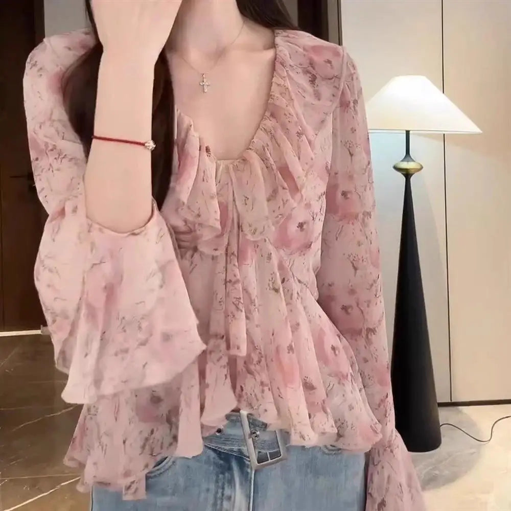 Comfortable Summer Large Size Floral Print V-Neck Women's Shirt Trendy Chiffon Fashionable Pink Collar Versatile Korean Style