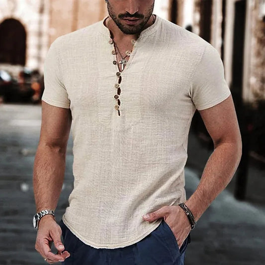 Men's Short Sleeve Linen Shirt Summer Lightweight Casual V-Neck T-Shirt Men Basic Solid Color Loose Fit Top