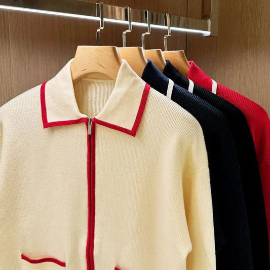 England Vintage Men Patchworked Knitted Sweater Shirts Long Sleeve Zipper Closure Pullovers Turn-down Collar Luxury Men Tops