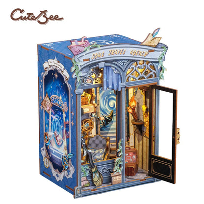 CUTEBEE Book Nook Kit Miniature House Kit Wooden Dollhouse with Led Light Bookshelf Insert Soul Travel Agency for Home Decor