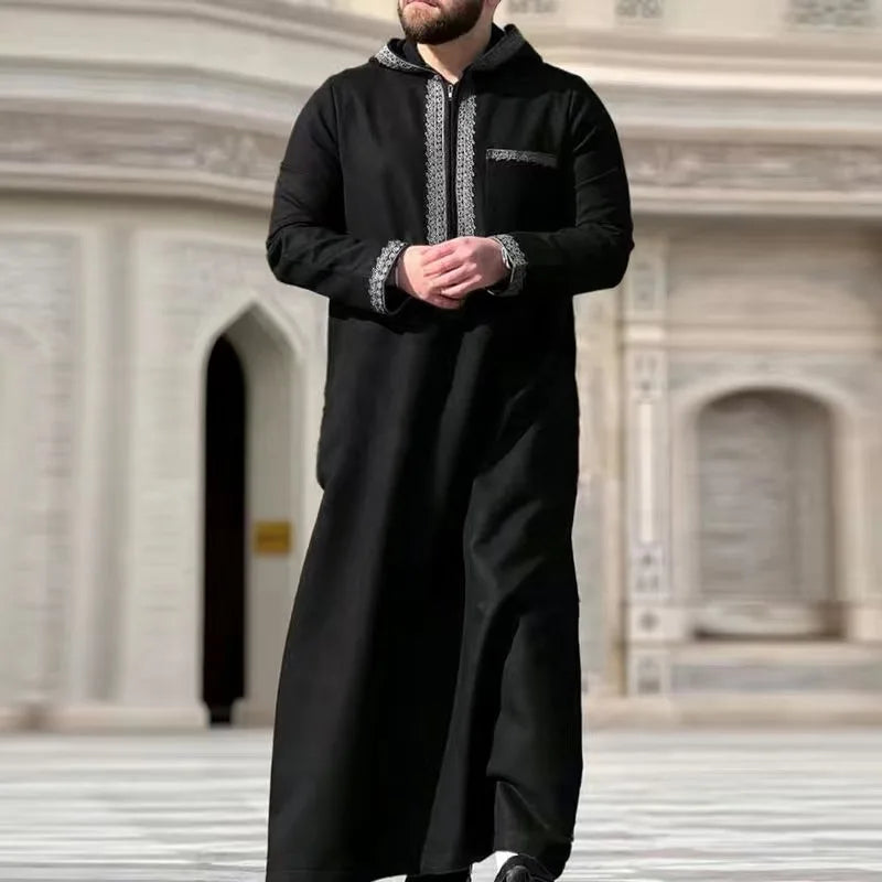 New Muslim men's long robe, Islamic hooded ethnic clothing, elegant retro MiddleEastern embroidery men's simple casual long robe