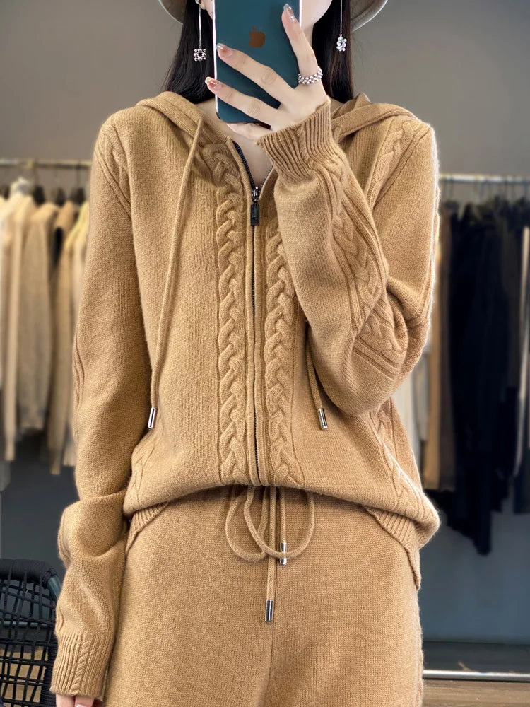 Women's Pure Cashmere Hooded Cardigan 2-Piece Set with Twisted Flower Design Loose Sweater And Wide-Leg Pants Wool Blend