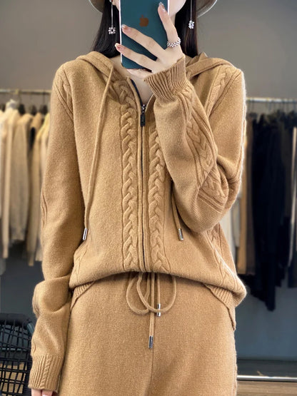 Women's Pure Cashmere Hooded Cardigan 2-Piece Set with Twisted Flower Design Loose Sweater And Wide-Leg Pants Wool Blend