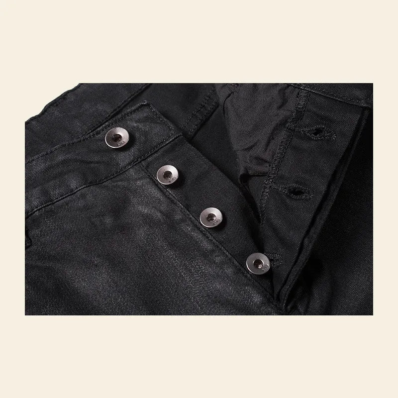High Street Dark RO Denim Pants Men's Youth Leisure Coating Wax Surface Slim Fit Small Leg Denim Pant Streetwear Retro