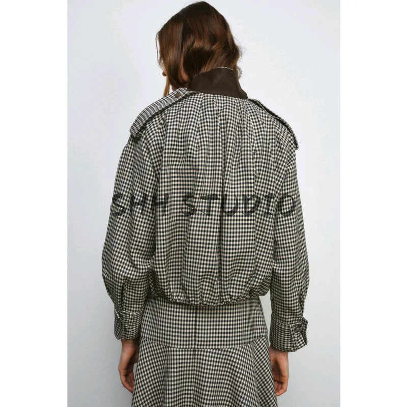 Color Block Plaid Pilot Jacket Coat High Collar Long Sleeve Women's Spring Fashion Set with Midi Skirt Spring Season Pattern