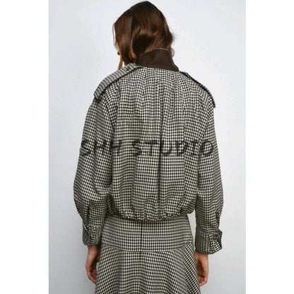 Color Block Plaid Pilot Jacket Coat High Collar Long Sleeve Women's Spring Fashion Set with Midi Skirt Spring Season Pattern