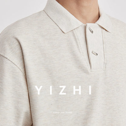 2026 Summer Men's 220g Heavyweight Waffle Polo Shirt Loose Lapel Breathable Soft Solid Color Basic Short Sleeve Tops