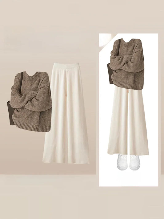 Loose Knitted Sweater And Wide Leg Pants Two Piece Set for Women Autumn Winter Comfortable Style plus Size Retro Casual Outfit