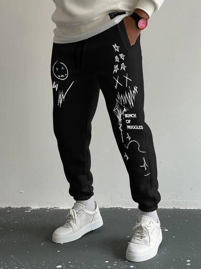 Men's Gothic Jagged Metal Font Cross Wing Las Vegas Print Sweatpants Elastic Waist Soft Dark Punk Street Hip Hop Joggers
