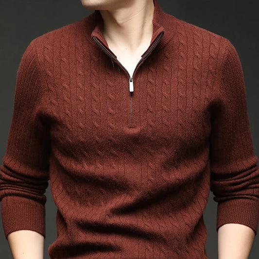 410g Pure Wool Sweater Men's, Thickened Anti-Pilling, Semi-Zip High Neck, Old Money Luxury Style