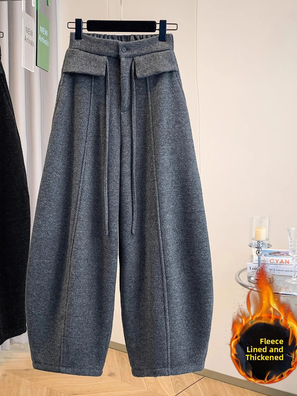 Warm Fleece Lined Trousers with Drawstring Casual Wide Leg Knife  Pants High Waist Polyester Blend Winter Fashion Ladies