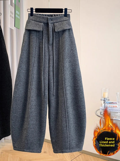 Warm Fleece Lined Trousers with Drawstring Casual Wide Leg Knife  Pants High Waist Polyester Blend Winter Fashion Ladies