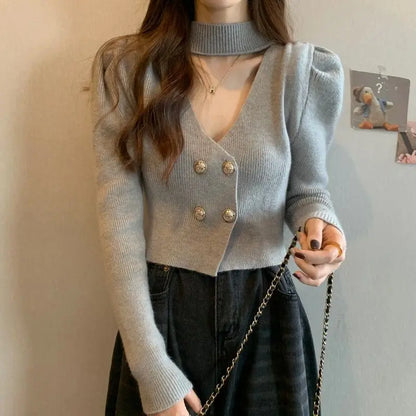 Elegant V-Neck Bubble Sleeve Knitwear Short Top Fashion Trend Neck Hanging Style Girl's French Style Slim Fit Long Sleeve Autumn