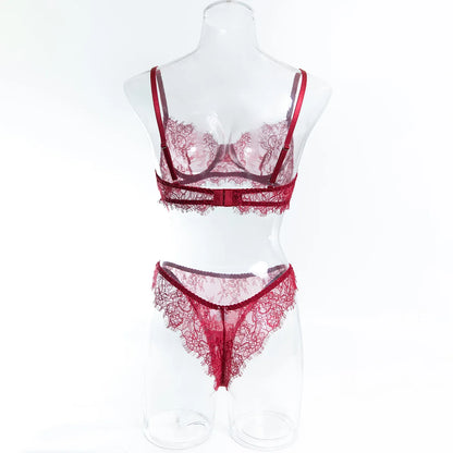 Ellolace Solid Women's Lingerie Sets Elegant Eyelash Lace Bra Panty 2PC Seductive See Through Intimate Willowy Sexy Underwear