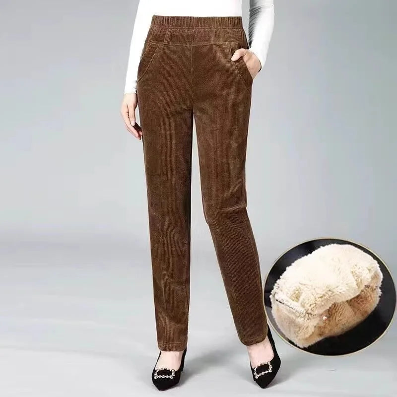 Thickened Fleece Corduroy Pants High Waist Harlan Style Winter 2024 New Women's Casual Trousers Elastic Waist Pocket Detail