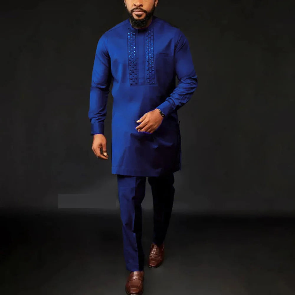 Fashionable Ethnic Embroidered Long Sleeve Long Pants Suit for Men New 2026 Style Summer Season round Neck Single Button Closure