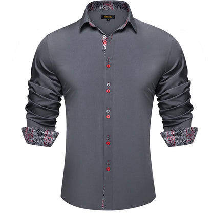 Men's Polyester Cotton Solid Black Shirts Long Sleeve Blue Paisley Patchwork Social Casual Dress Shirt Elegant Men Clothing