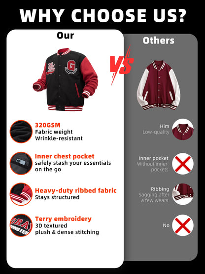 Men's Letterman Jacket Vintage Vasity Baseball Coat Casual Streetwear Outerwear with 'G' Letter Embroidery & Inner Pocket