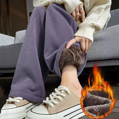 Women's High Waist Fleece Lined Thickened Straight Leg Pants Autumn Winter New Style Casual Polyester Fiber Slimming Effect