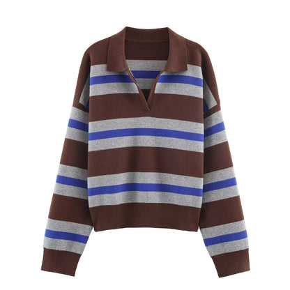 JNLEAOG Fashionable Striped Knitted  Shirt Women's Loose Fit Classic Pattern Long Sleeve Youthful Vitality Autumn New Arr...